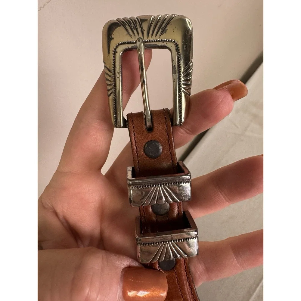 Tony Lama Mens 38 Leather Braided Belt Cognac Engraved Silver Buckle Western Cow